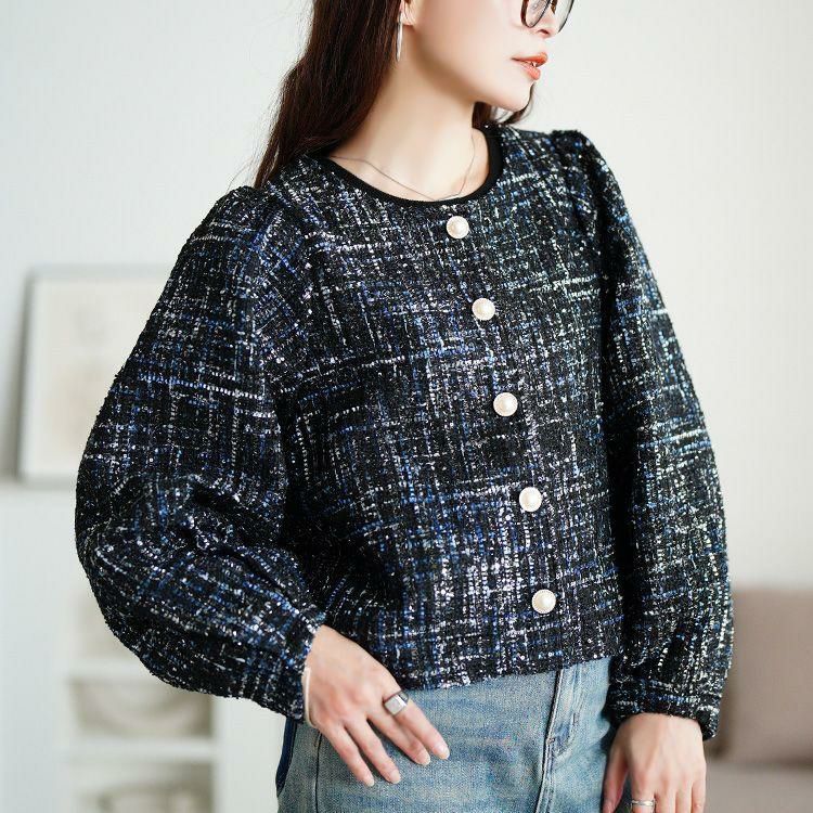 大きいサイズ レディース ラメツイードクロップドジャケット　maru-30202 ブラック