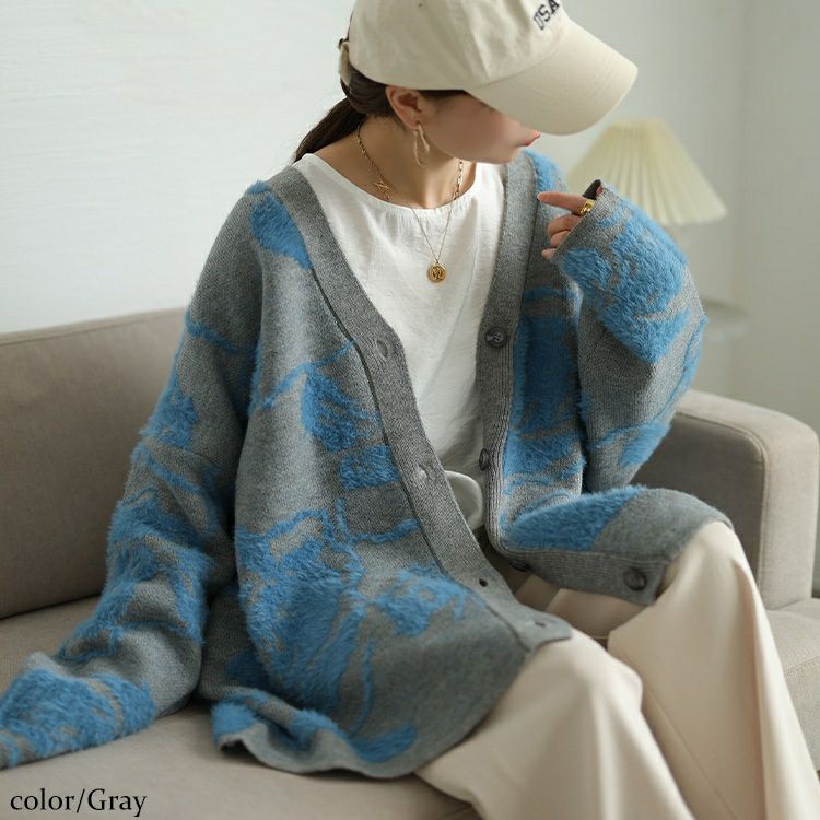 大きいサイズ レディース 配色シャギー花柄ニットカーディガン　sum-0021