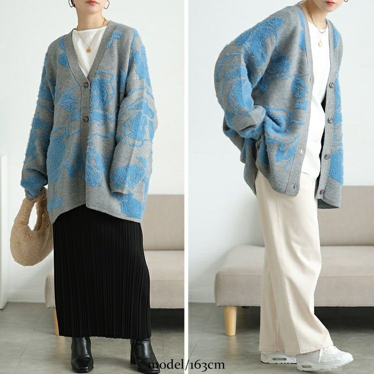 大きいサイズ レディース 配色シャギー花柄ニットカーディガン sum
