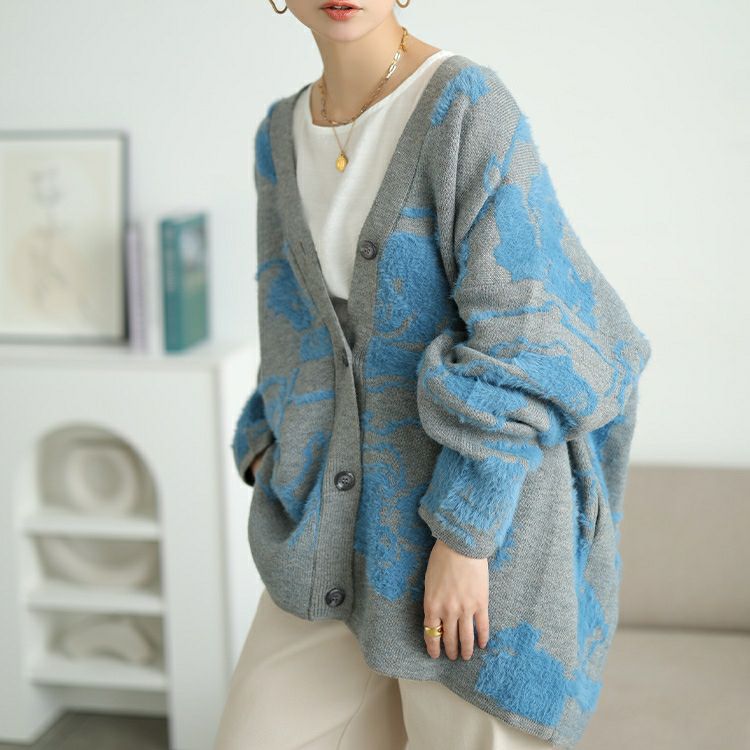 大きいサイズ レディース 配色シャギー花柄ニットカーディガン　sum-0021