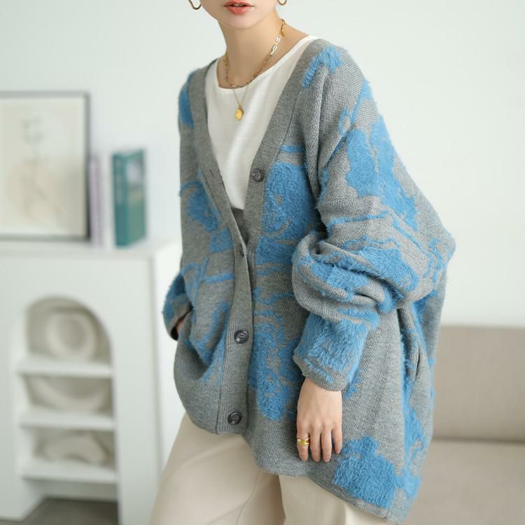 大きいサイズ レディース 配色シャギー花柄ニットカーディガン　sum-0021 グレー