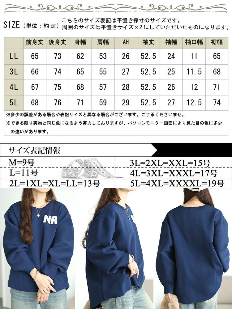 大きいサイズ レディース サガラ刺繍ロゴワッペンボリューム袖ニット　sum-0035