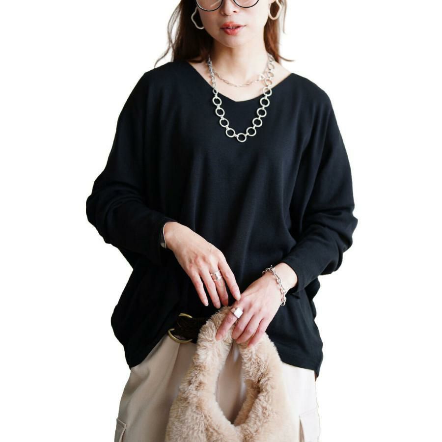 大きいサイズ レディース Vネックワイドドルマンプルオーバー　wk-0576 【メール便可】 ブラック