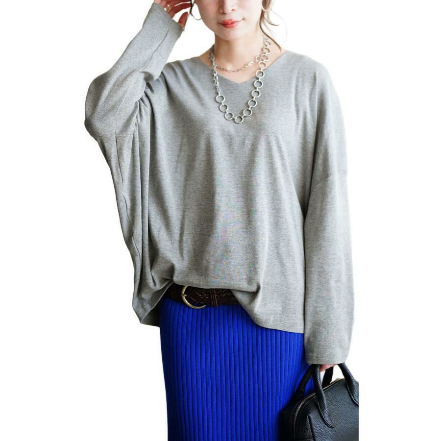 大きいサイズ レディース Vネックワイドドルマンプルオーバー　wk-0576 【メール便可】 杢グレー