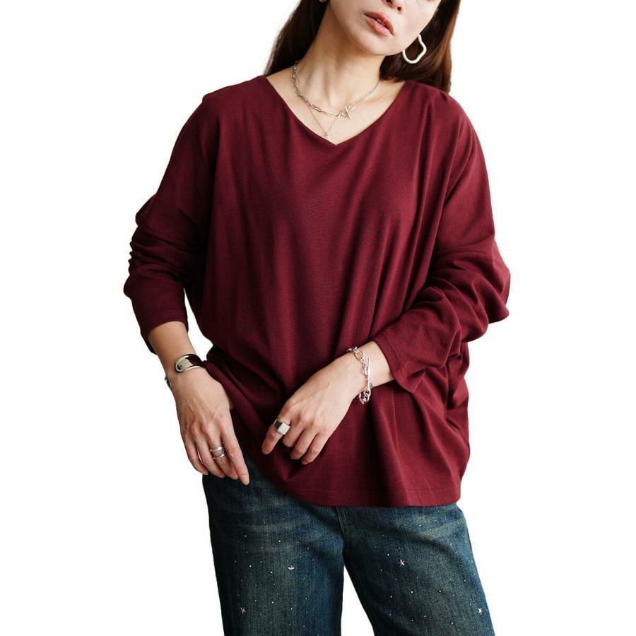 大きいサイズ レディース Vネックワイドドルマンプルオーバー　wk-0576 【メール便可】 バーガンディ