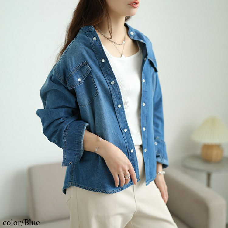 大きいサイズ レディース バンドカラーコットンデニムシャツ　wd-0421 【メール便可】