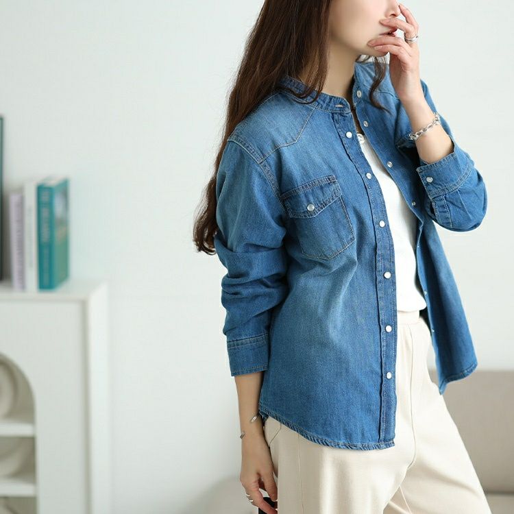 大きいサイズ レディース バンドカラーコットンデニムシャツ　wd-0421 【メール便可】