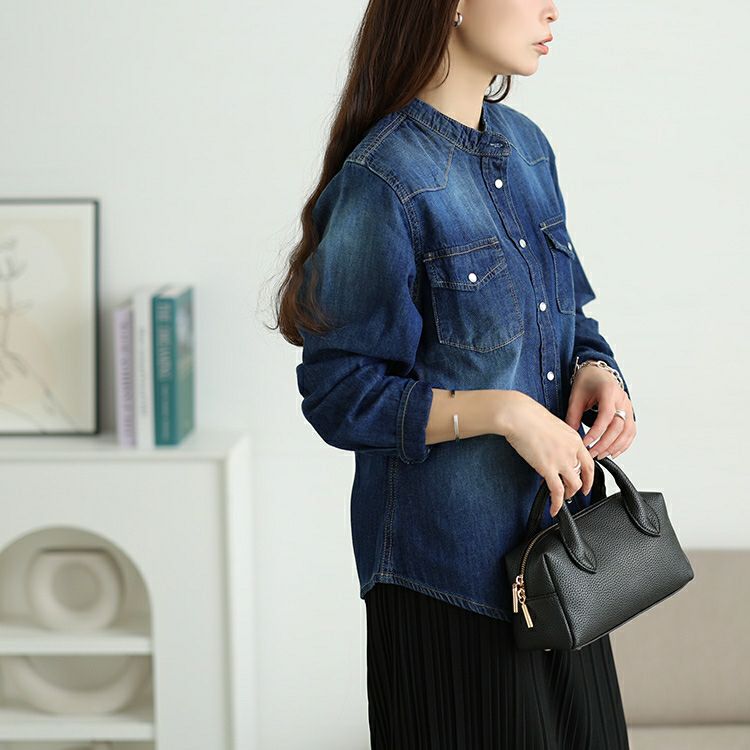 大きいサイズ レディース バンドカラーコットンデニムシャツ　wd-0421 【メール便可】