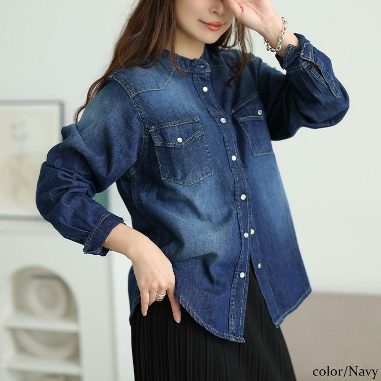 大きいサイズ レディース バンドカラーコットンデニムシャツ　wd-0421 【メール便可】 ネイビー