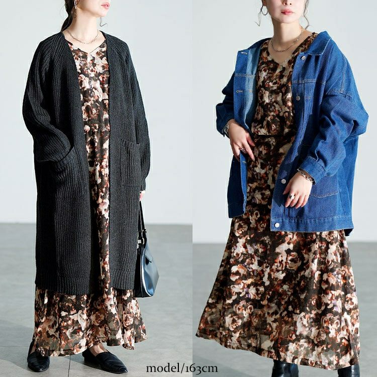 大きいサイズ レディース ぼかし花柄ウエストドロストワンピース　maru-30203