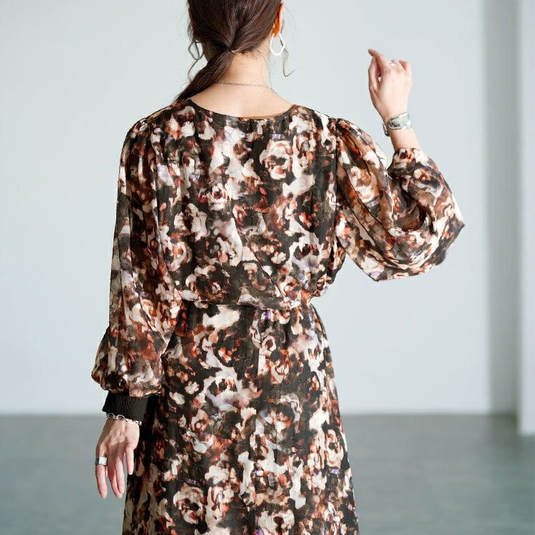 大きいサイズ レディース ぼかし花柄ウエストドロストワンピース　maru-30203