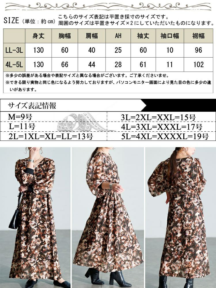 大きいサイズ レディース ぼかし花柄ウエストドロストワンピース　maru-30203