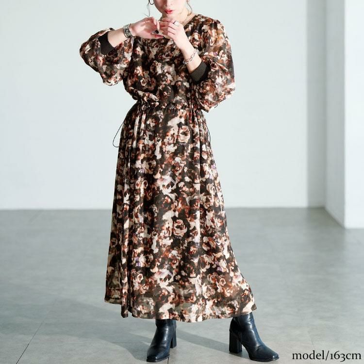 大きいサイズ レディース ぼかし花柄ウエストドロストワンピース　maru-30203 ブラウン