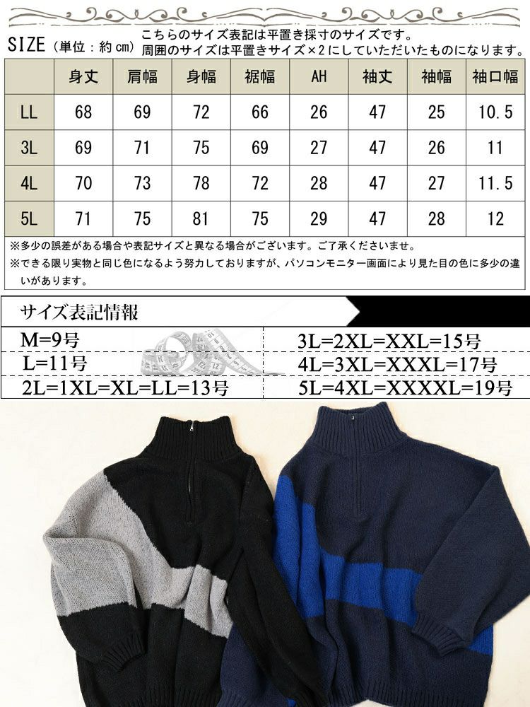 大きいサイズ レディース ハーフZIPアシメバイカラーニット　sum-0018