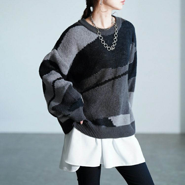大きいサイズ レディース マーブル柄ラウンドネックニット sum-0020