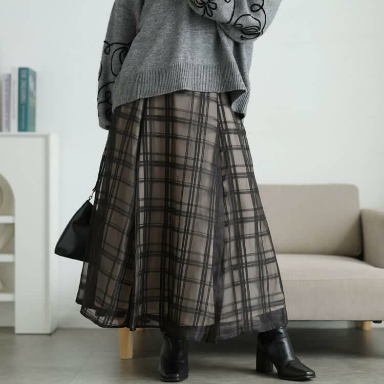 大きいサイズ レディース シアーチェックレイヤードフレアスカート　tana-25aw028 ブラック