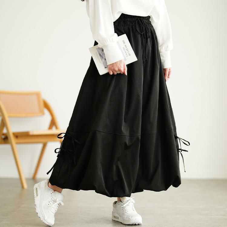 大きいサイズ レディース サイドリボンバルーンスカート　nw-25053 ブラック
