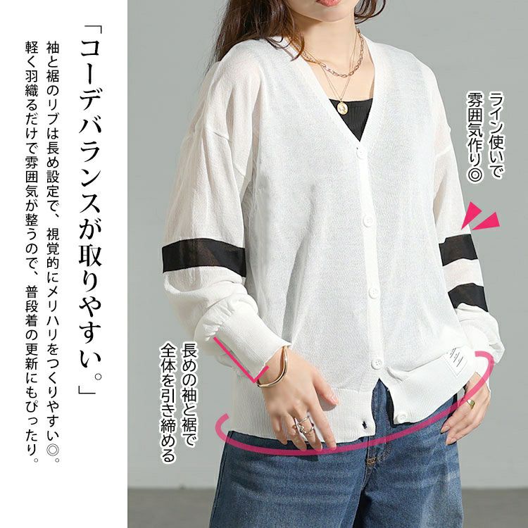 大きいサイズ レディース ライン袖シアーニットVネックカーディガン goldy-1743
