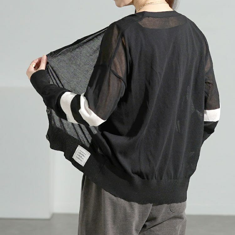 大きいサイズ レディース ライン袖シアーニットVネックカーディガン goldy-1743