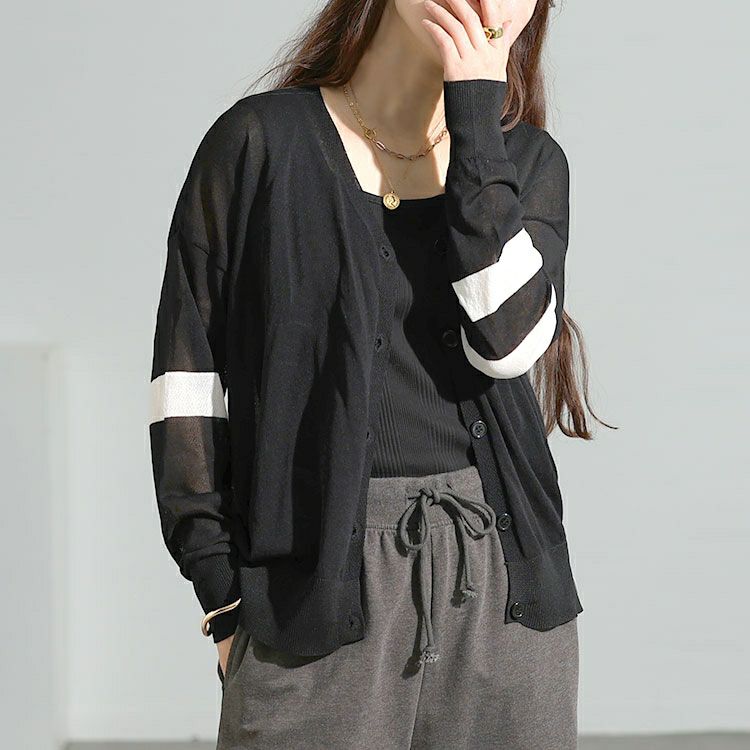 大きいサイズ レディース ライン袖シアーニットVネックカーディガン goldy-1743