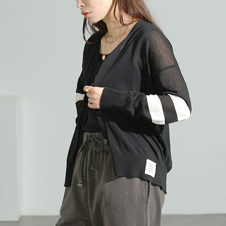 大きいサイズ レディース ライン袖シアーニットVネックカーディガン goldy-1743