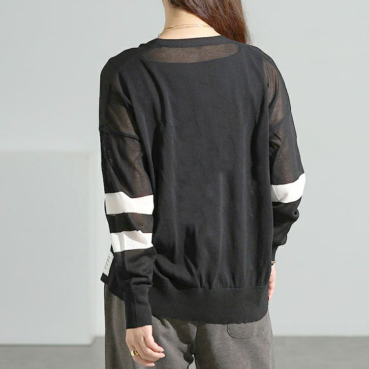 大きいサイズ レディース ライン袖シアーニットVネックカーディガン goldy-1743