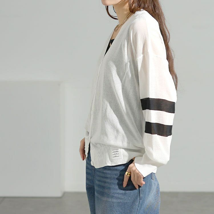 大きいサイズ レディース ライン袖シアーニットVネックカーディガン goldy-1743