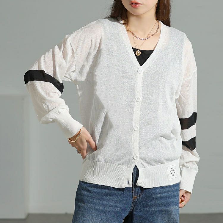 大きいサイズ レディース ライン袖シアーニットVネックカーディガン goldy-1743