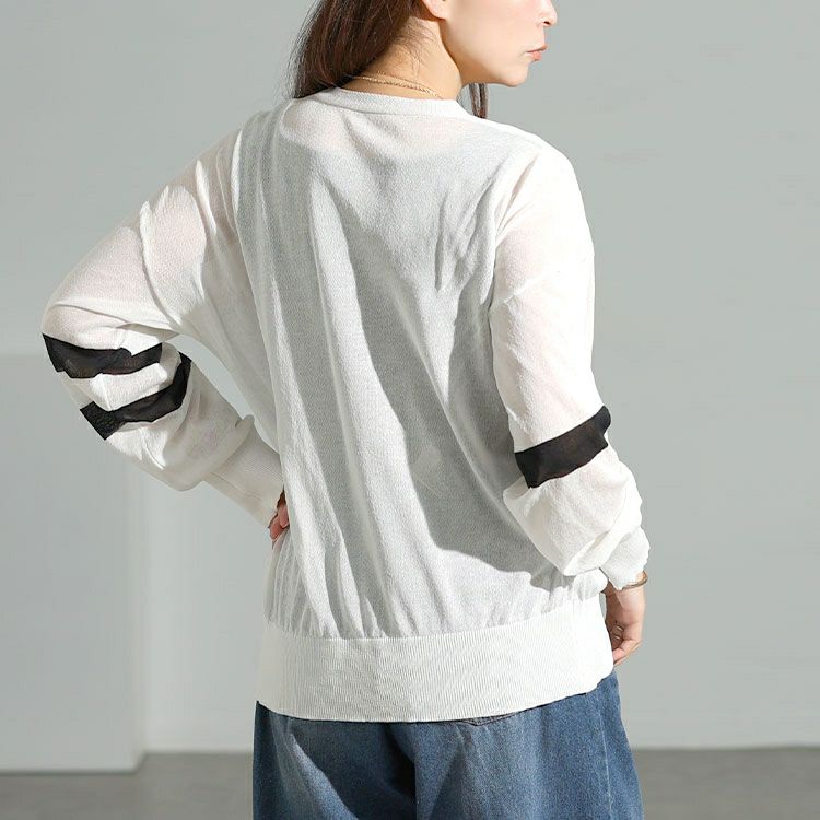 大きいサイズ レディース ライン袖シアーニットVネックカーディガン goldy-1743