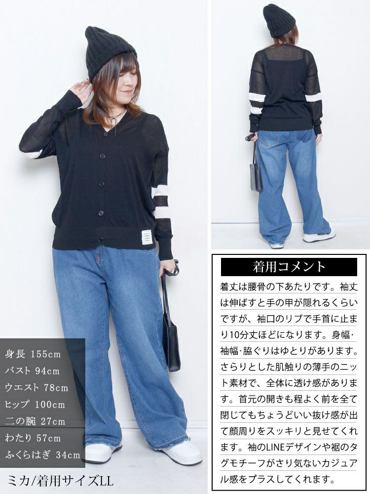 大きいサイズ レディース ライン袖シアーニットVネックカーディガン goldy-1743