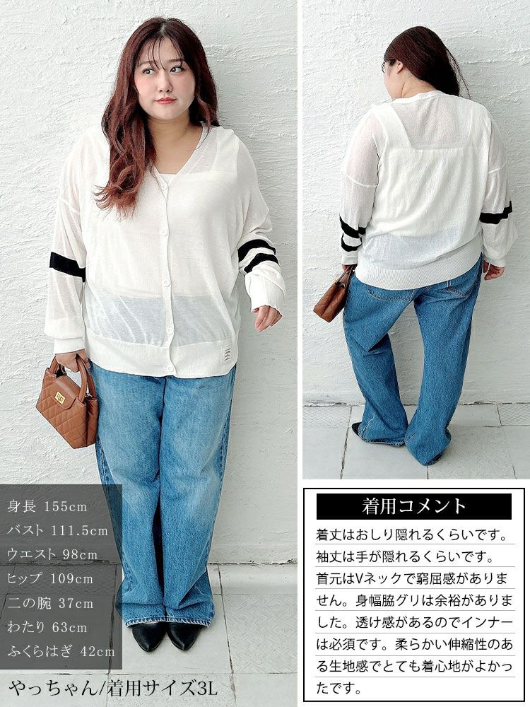 大きいサイズ レディース ライン袖シアーニットVネックカーディガン goldy-1743