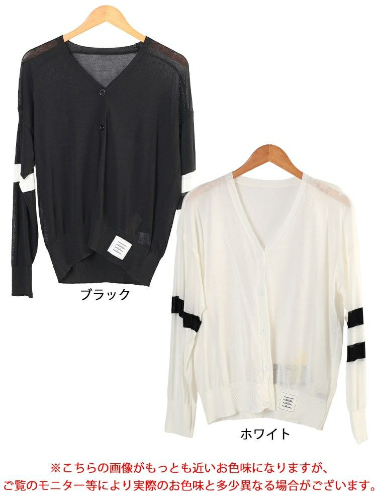 大きいサイズ レディース ライン袖シアーニットVネックカーディガン goldy-1743