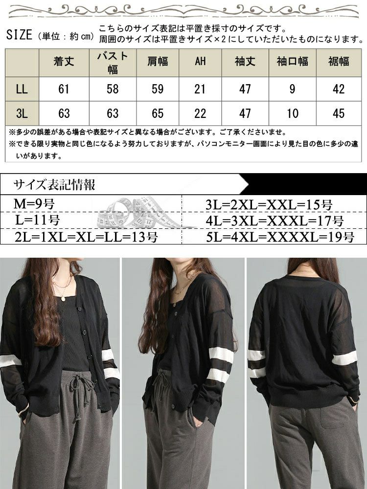 大きいサイズ レディース ライン袖シアーニットVネックカーディガン goldy-1743