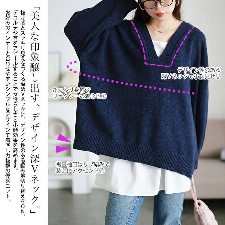 大きいサイズ レディース リブ編み切り替え深Vネックニット sum-0038