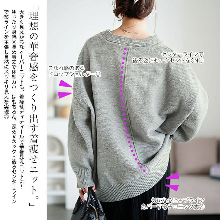 大きいサイズ レディース リブ編み切り替え深Vネックニット sum-0038