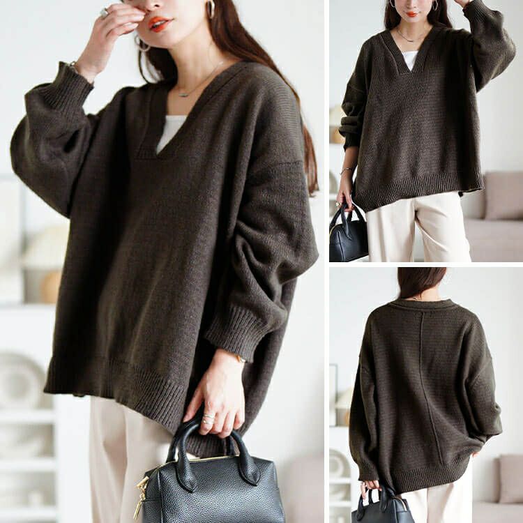 大きいサイズ レディース リブ編み切り替え深Vネックニット sum-0038