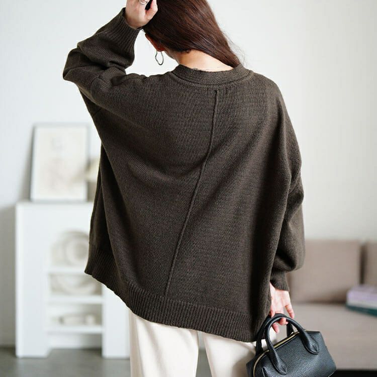 大きいサイズ レディース リブ編み切り替え深Vネックニット sum-0038