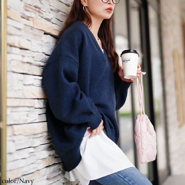 大きいサイズ レディース リブ編み切り替え深Vネックニット sum-0038