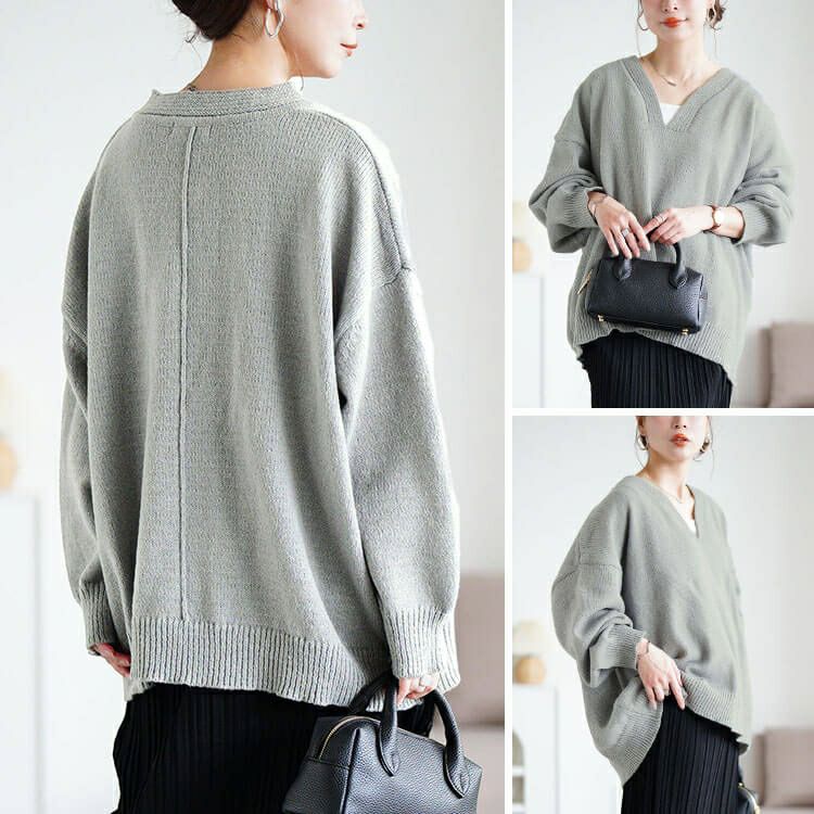 大きいサイズ レディース リブ編み切り替え深Vネックニット sum-0038