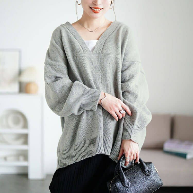 大きいサイズ レディース リブ編み切り替え深Vネックニット sum-0038
