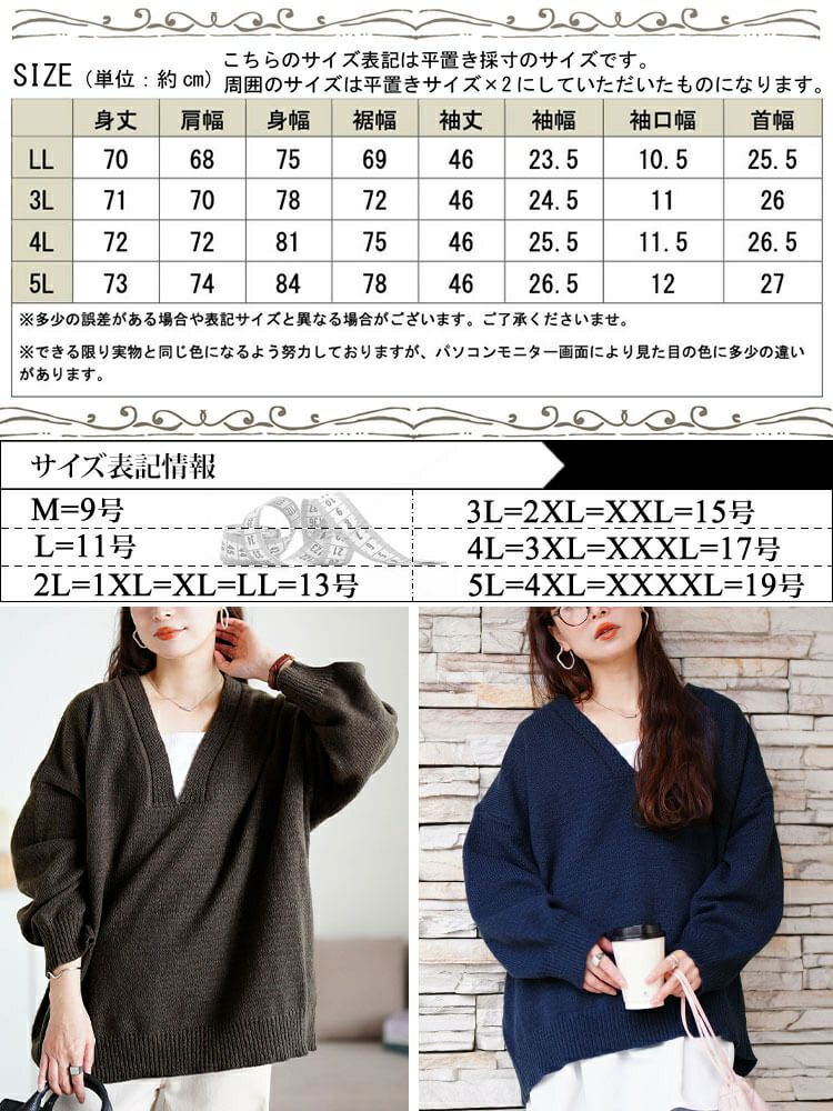 大きいサイズ レディース リブ編み切り替え深Vネックニット sum-0038