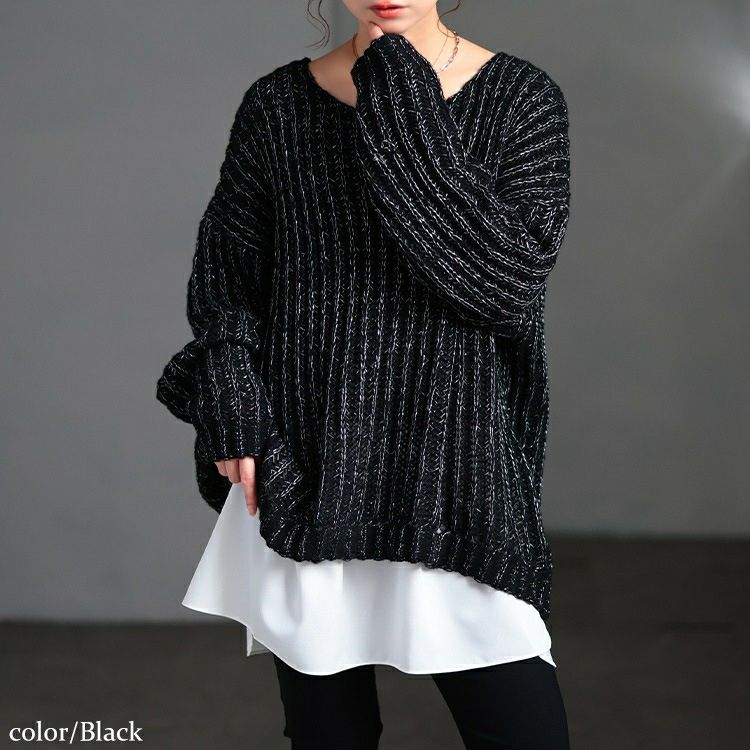 大きいサイズ レディース クルーネック畦編みラメニット tog-1067