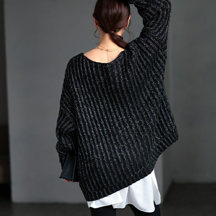 大きいサイズ レディース クルーネック畦編みラメニット tog-1067