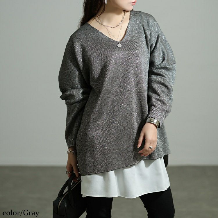 大きいサイズ レディース Vネックテールカットドルマンラメニット tog-1062