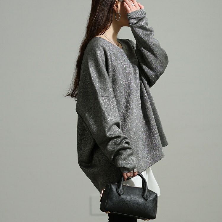 大きいサイズ レディース Vネックテールカットドルマンラメニット tog-1062