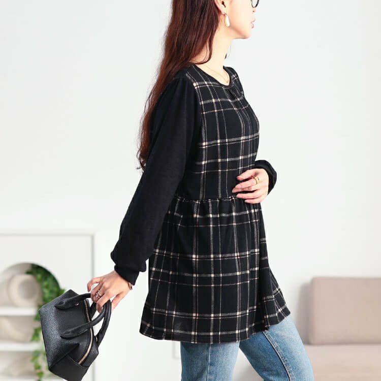大きいサイズ レディース 静電気防止チェック柄ペプラムチュニック cast-5558020
