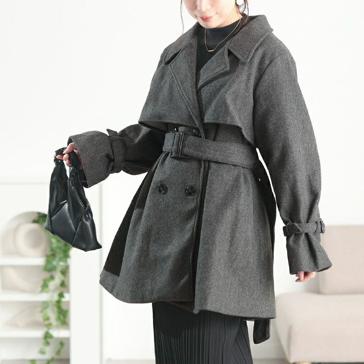 大きいサイズ レディース ベルト付きウール調トレンチコート tana-ww650054