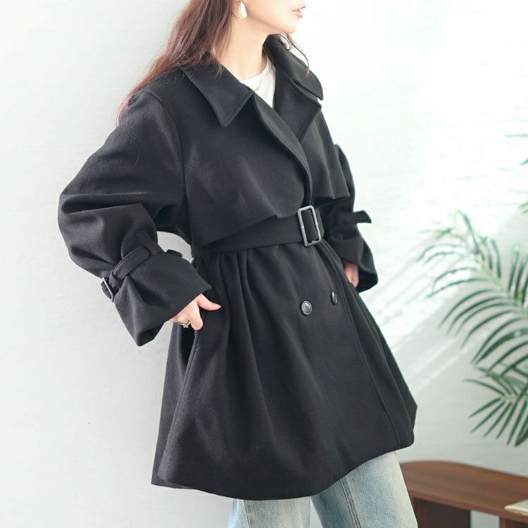 大きいサイズ レディース ベルト付きウール調トレンチコート tana