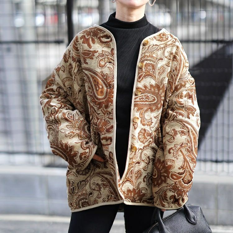 大きいサイズ レディース 配色パイピングペイズリー柄ジャケット sw