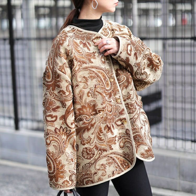大きいサイズ レディース 配色パイピングペイズリー柄ジャケット sw